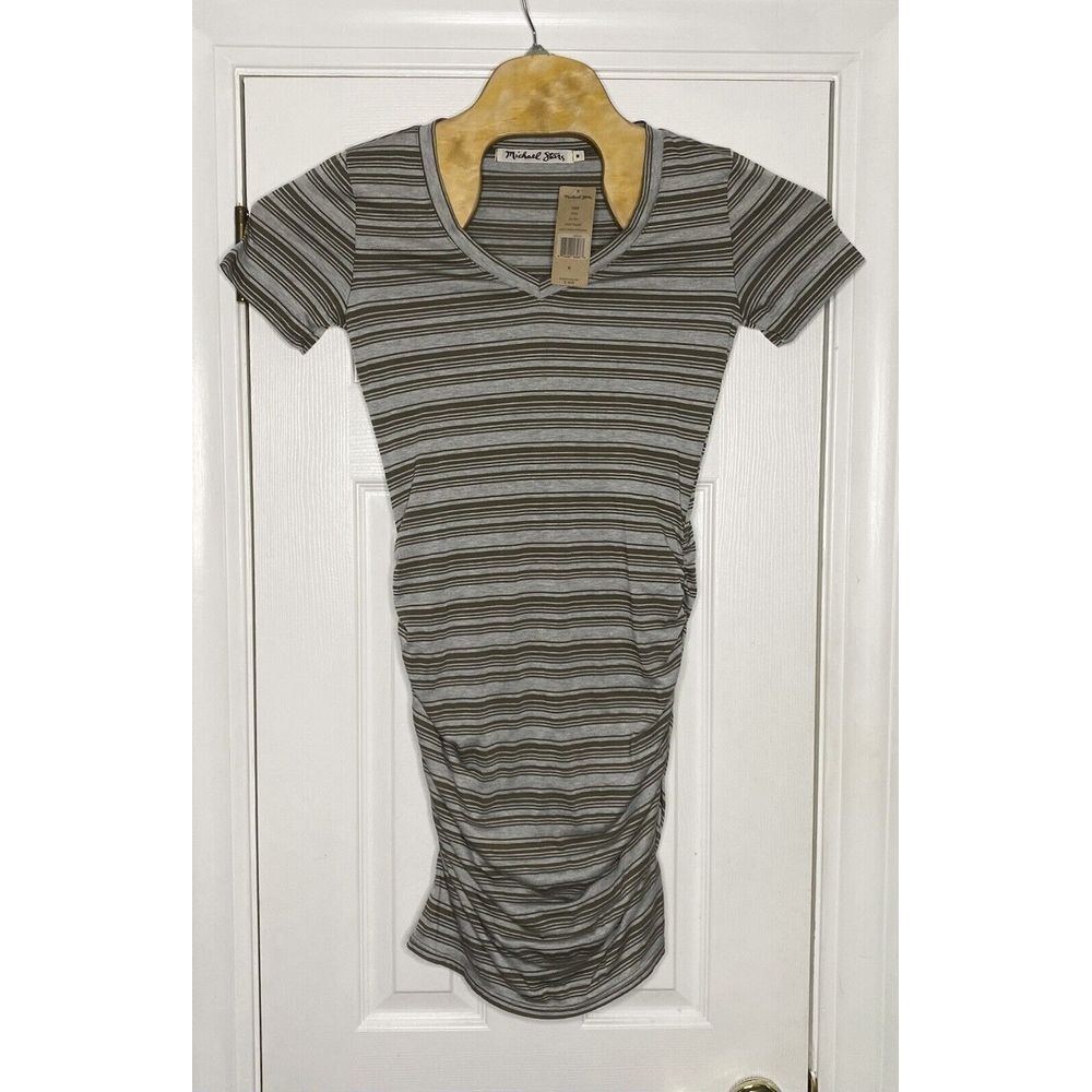 Michael Stars Womens Kali Knot Short Sleeve V Neck Ruching Dress Camo Medium New